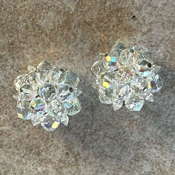 Vintage AB Rhinestones Clip-On Earrings Clear Aurora Borealis Silver-tone Round - Picture 8 of 8